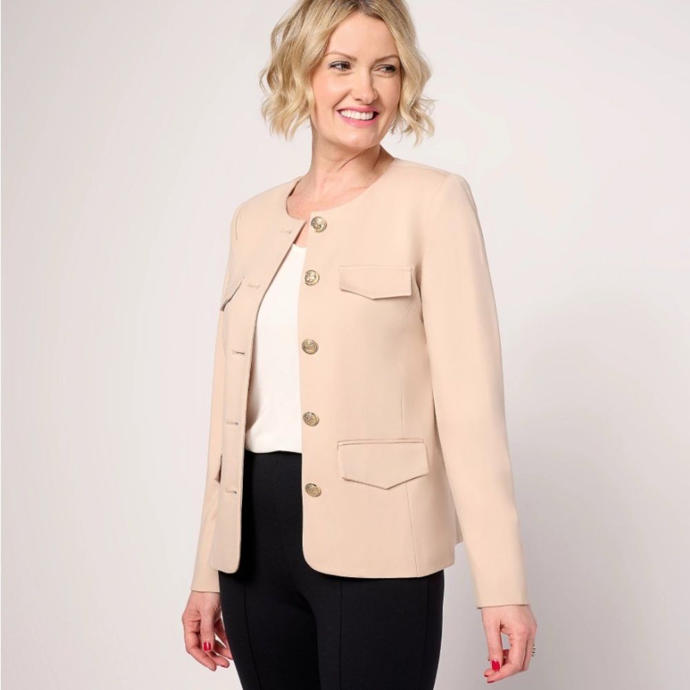 Dennis Basso Spring Ponte Jacket with Crest Buttons Champagne Bliss Size Large